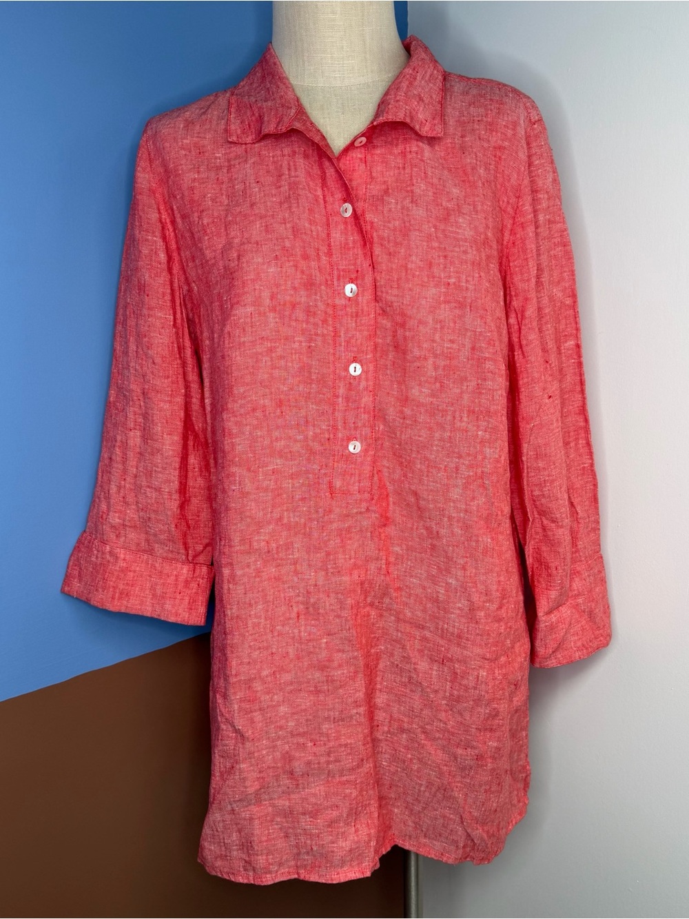 Chico’s Persimmon Orange Button Up Linen 
Tunic Top NWT Size 2 US Large